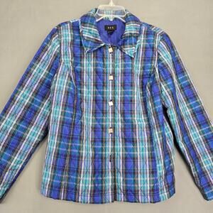 RQT Blue Plaid Quilted Jacket Classic Button Up Long Sleeves Lined Womens Size L